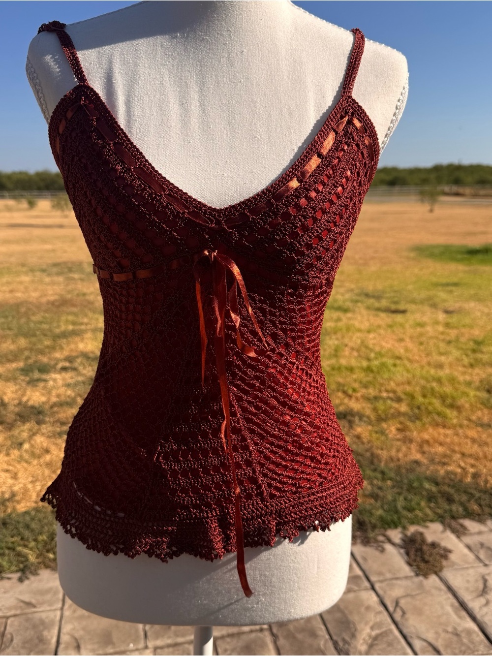 Crochet Tie-Front Rust Camisole, lined; Medium